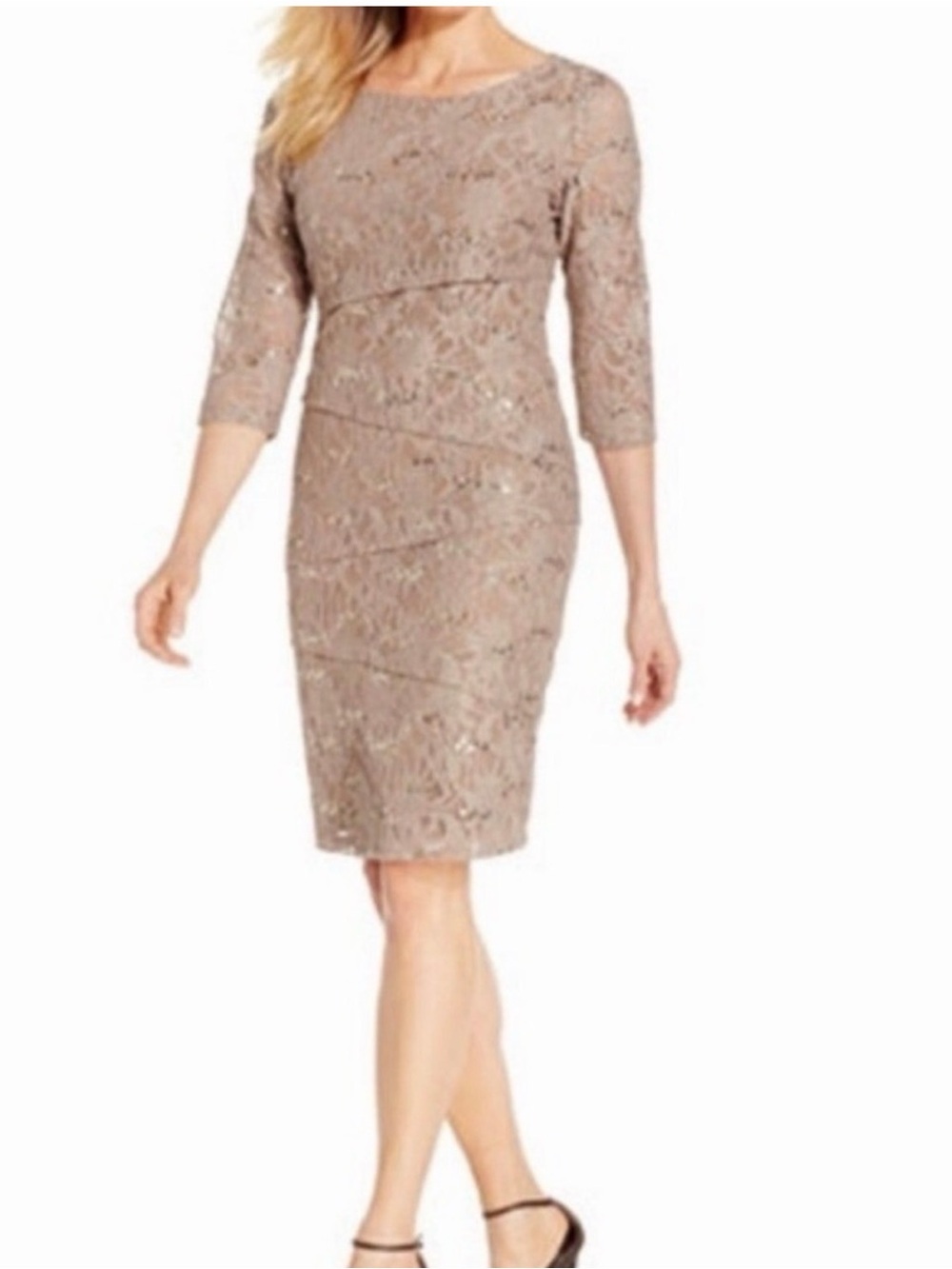 Ronni Nicole Taupe Lace Layered Midi Dress with Sequins